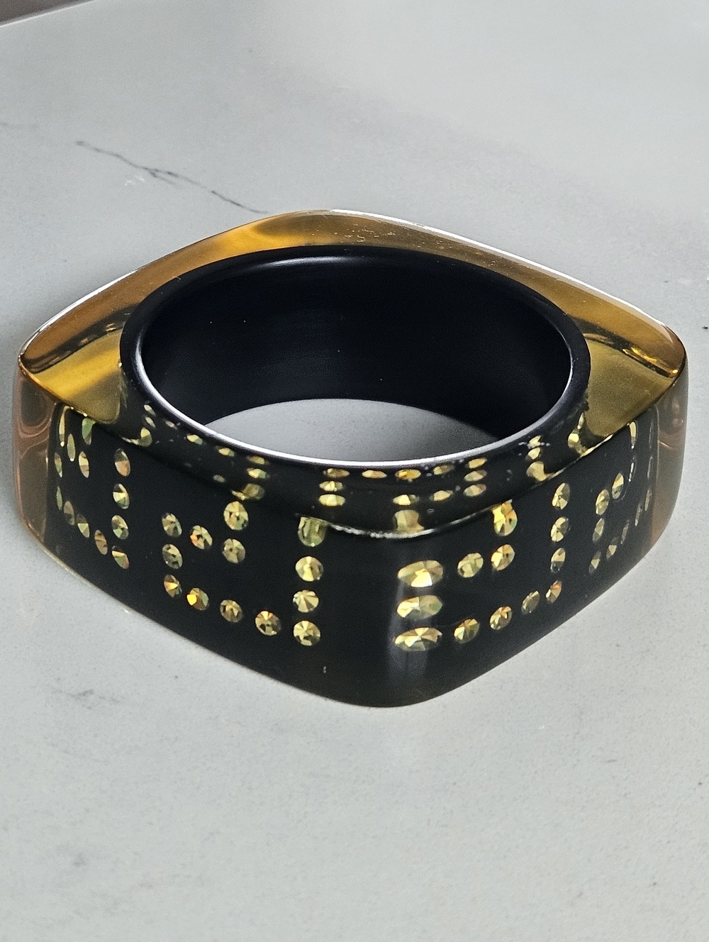 Rare Vintage Luxury Designer Black Yellow Greek Key Lucite Bangle Bracelet - Picture 2 of 14